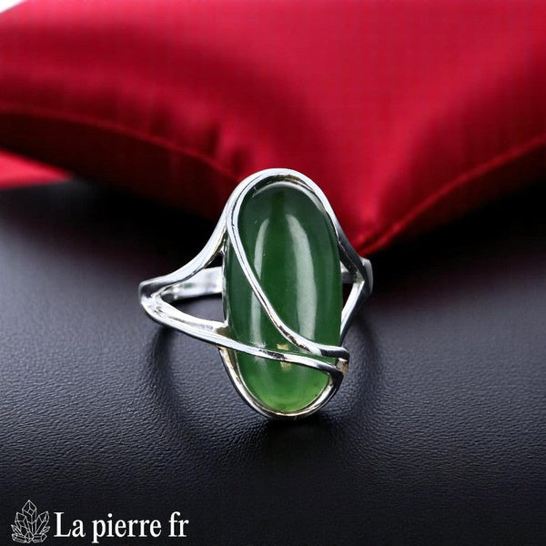 Bague Jade Vert véritable Ovale en Argent Rhodié Design (Elysia) pour femme