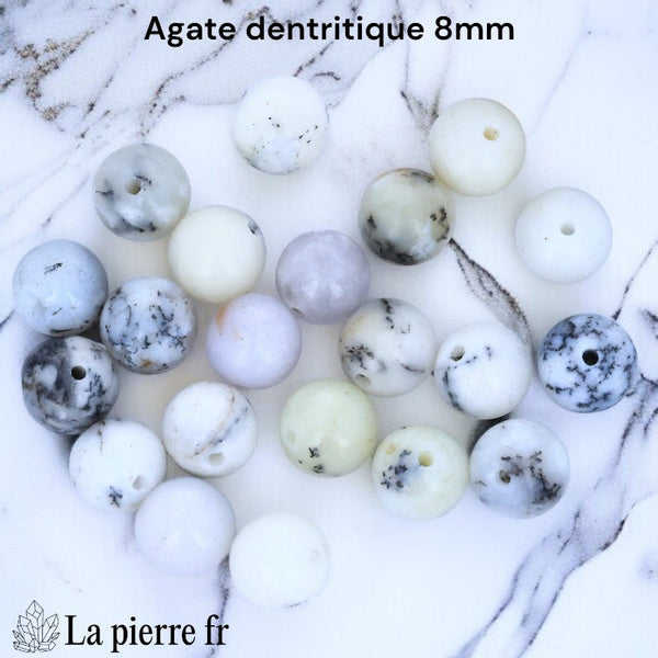 Lot de 20 perles Agate Dendritique naturelle 8mm Madagascar en vrac, rondes, pour création bracelet, motifs uniques.