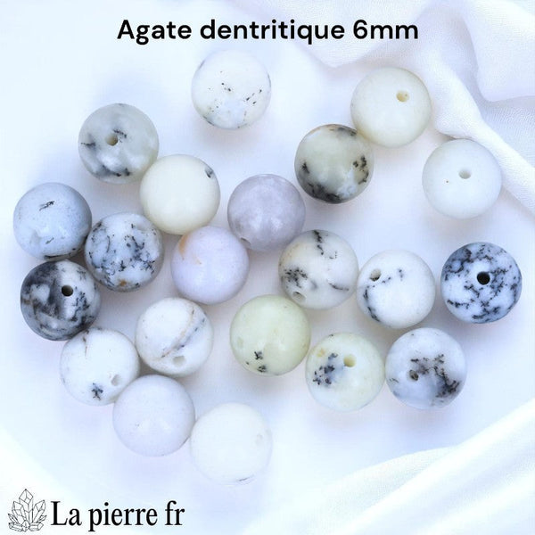 Lot de 30 perles Agate Dendritique naturelle 6mm Madagascar, rondes, pour création de bijoux, couleur blanc laiteux avec motifs dendritiques.