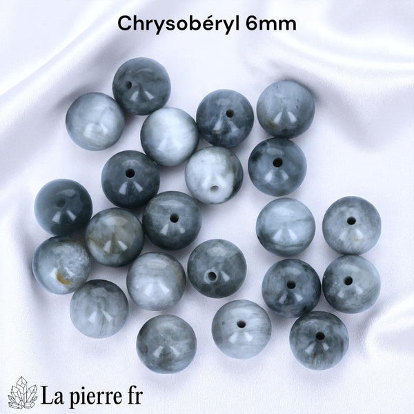 Lot de perles de pierre Chrysobéryl naturel (Œil de Chat) 6mm Afrique du Sud, rondes, gris et noir, effet chatoyant.