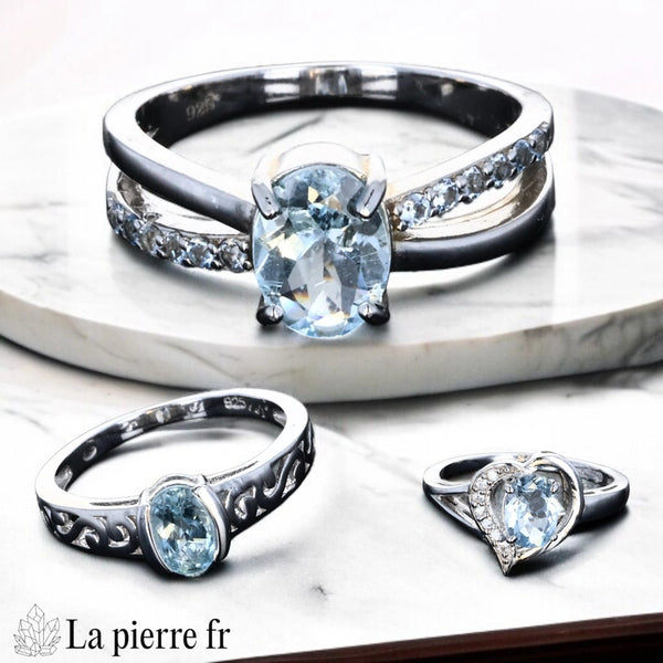 Aperçu de la collection de bagues en aigue-marine bleu clair.