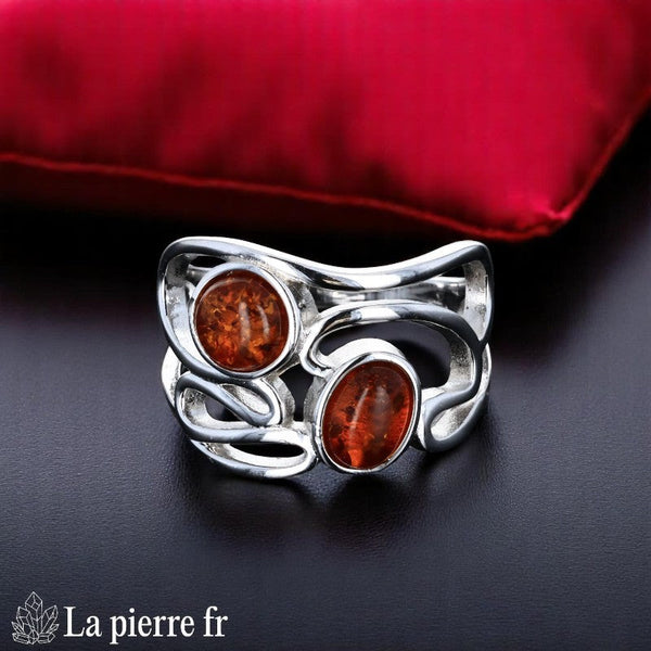 Bague Ambre Argent rhodié (Duo Vintage) - Vue dessus pierres ovale et ronde.