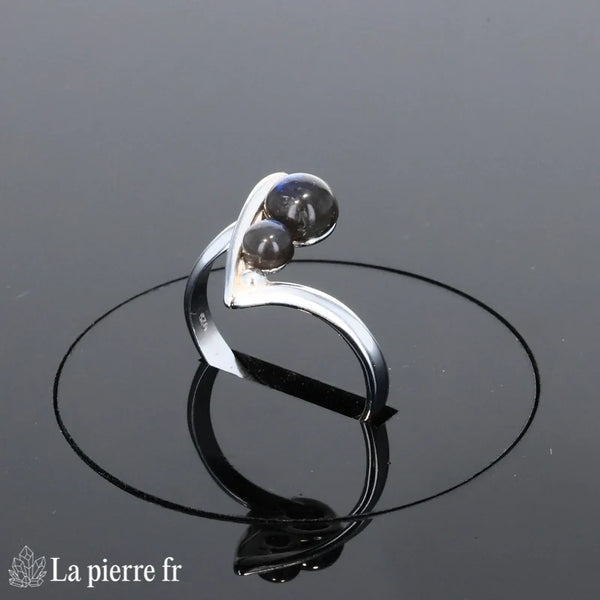 Bague Labradorite (Duo Céleste) argent rhodié avec 2 cabochons ronds (4mm, 6mm)