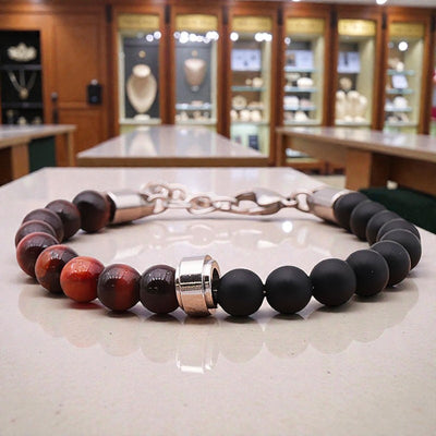 Bracelet boule homme en perles naturelles 8 mm d’onyx noir et œil de taureau, bijou lithothérapie