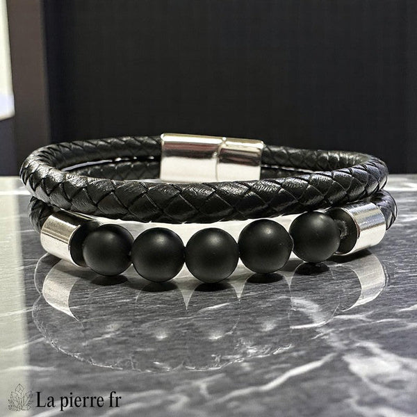 Bracelet homme pierre onyx noir et cuir 2 rangs La Pierre Fr, 5 perles mates, fermoir acier, longueur 21.5cm, symbole de force.