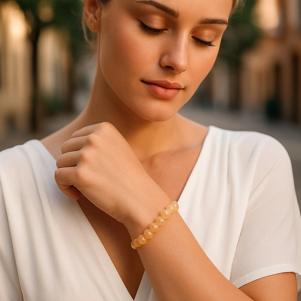 bracelet citrine pour femme perles 6/8 mm porté au poignet, éclat doré