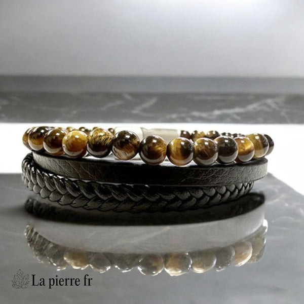 Bracelet homme multi-rangs La Pierre Fr avec cuir et perles Oeil de Tigre 6mm chatoyantes, fermoir acier, style unique.