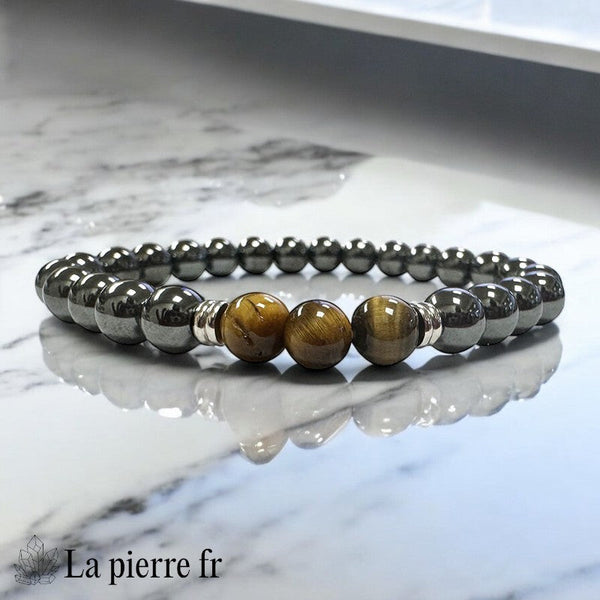 Bracelet homme La Pierre Fr avec perles 8mm Hématite grise métallique et Oeil de Tigre chatoyant, longueur 20cm, alliance d'ancrage et de force.