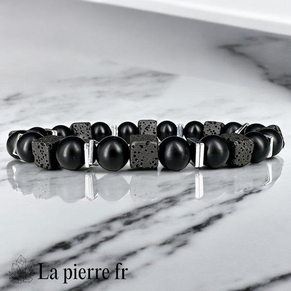 Bracelet homme design géométrique La Pierre Fr avec Onyx dépoli rond, Lave carrée et Hématite plate, 20cm, style unique.