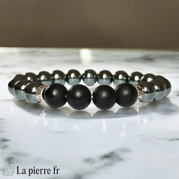Bracelet homme La Pierre Fr avec perles 10mm Onyx Noir dépoli et Hématite métallique grise, longueur 20cm, style affirmé.