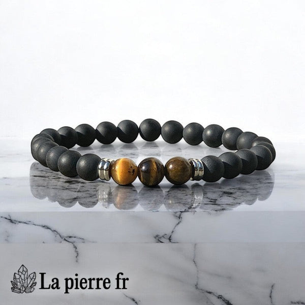 Bracelet homme La Pierre Fr avec perles 8mm Onyx Noir dépoli et Oeil de Tigre chatoyant, longueur 20cm, alliance de force.