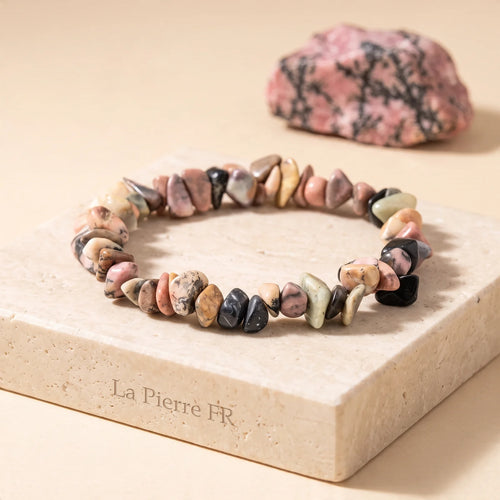 Bracelet Rhodonite en Pépites Baroques Roses Veinées de Noir, Élastique