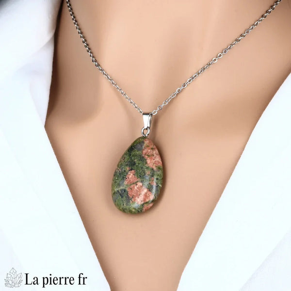 Collier-Pendentif en Unakite Naturelle en forme de goutte, Équilibre et Harmonie