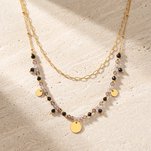 Collier Tourmaline Noire et Quartz Fumé CALYA®, Double Rang Doré