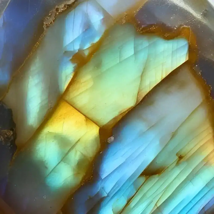 Gros plan labradorite, jeu de couleurs, labradorescence.