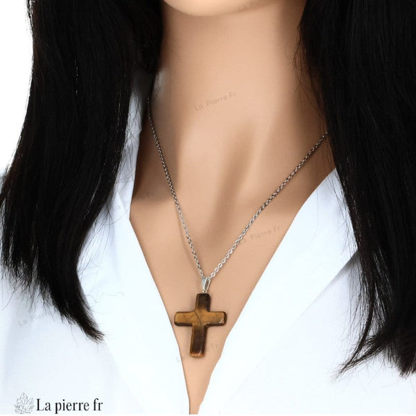 Pendentif croix en pierre naturelle Ćil de Tigre