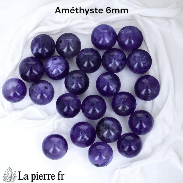 Lot de 30 perles Améthyste naturelle 6mm Brésil, rondes, pour création de bijoux, couleur violet lumineux.