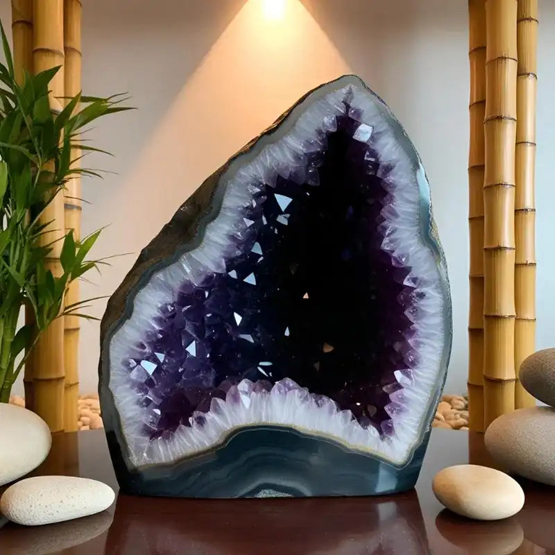 Géode améthyste dans un intérieur zen, décoration minérale, ambiance relaxante.