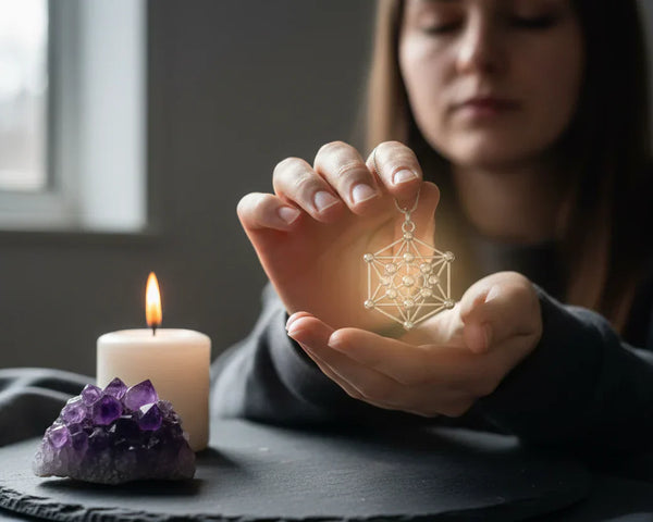 Activer un collier Cube de Métatron en méditation avec améthyste et bougie, rituel d'activation La Pierre FR