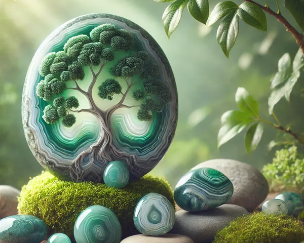 Une pierre d'Agate Arbre polie, montrant ses inclusions vertes dendritiques uniques qui ressemblent à des branches d'arbres.
