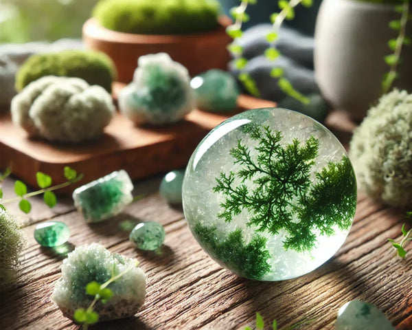 Une pierre d'Agate Mousse polie, montrant ses inclusions vertes dendritiques uniques, rappelant un paysage de mousse, symbole de connexion à la nature.