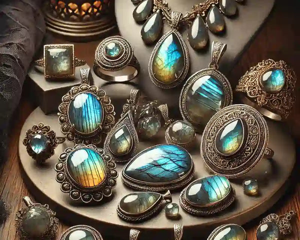 Bijoux en labradorite veritable : bracelet, pendentif, bague et pierres roulees — La Pierre FR