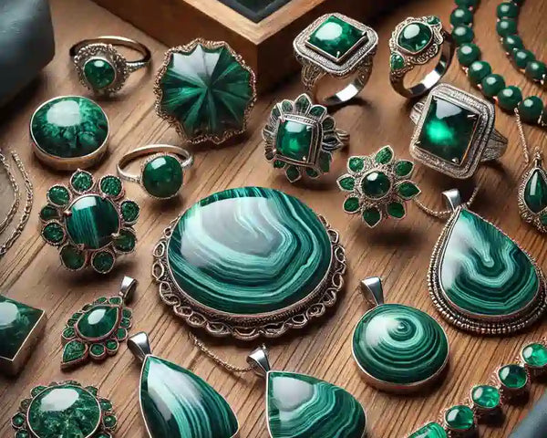 Bijoux en malachite naturelle du Congo : pendentifs, bagues et pierres roulees — La Pierre FR