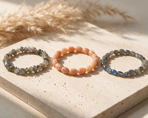 Bracelets en feldspath, labradorite, pierre de lune, amazonite et pierre de soleil
