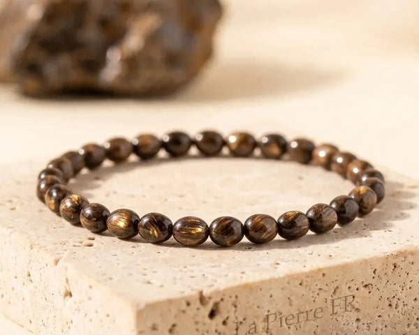 Bronzite naturelle brune aux reflets bronze, bracelets et perles