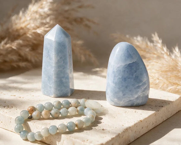 Calcite bleue naturelle, sphère, pointe et pierres polies