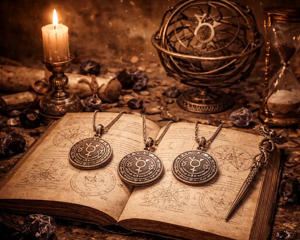 Amulette de protection, colliers talismans pentacles de Saturne graves