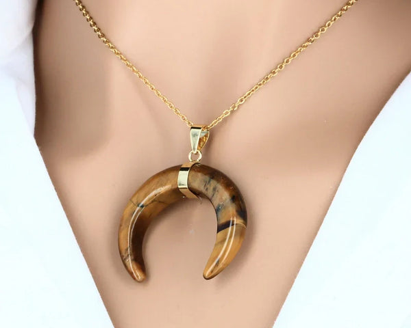 Pendentif en pierre marron œil de tigre croissant de lune - La Pierre FR