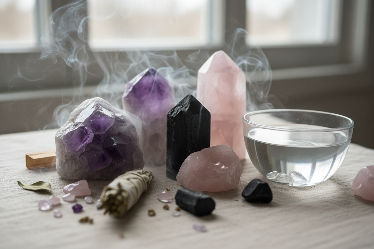 Purification de pierres naturelles en lithothérapie dans une ambiance apaisante