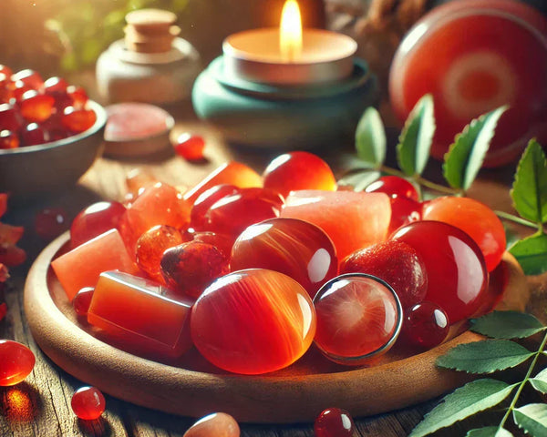 Des pierres de Cornaline brutes, aux teintes rouge-orangé intenses, posées sur des roches volcaniques pour symboliser leur origine et leur énergie de feu.
