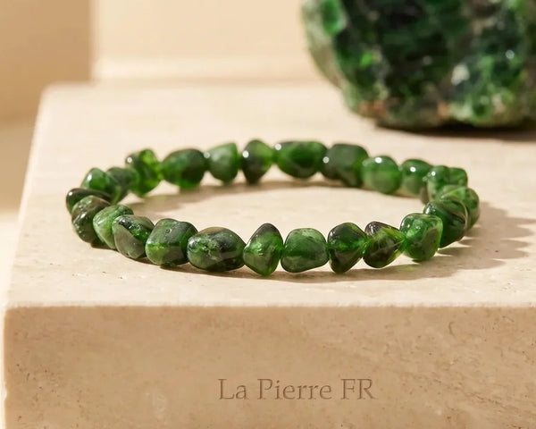 Diopside naturel vert émeraude, bracelet et collier en pierres roulées