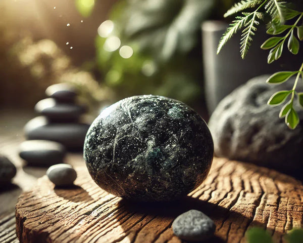 Une pierre de Gabbro (Merlinite Mystique) polie, montrant sa texture mouchetée de noir et de gris, symbolisant la connexion entre l'ombre et la lumière.