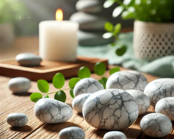 Une pierre de Howlite polie, d'un blanc pur avec des veines grises, symbolisant ses propriétés calmantes et apaisantes en lithothérapie.