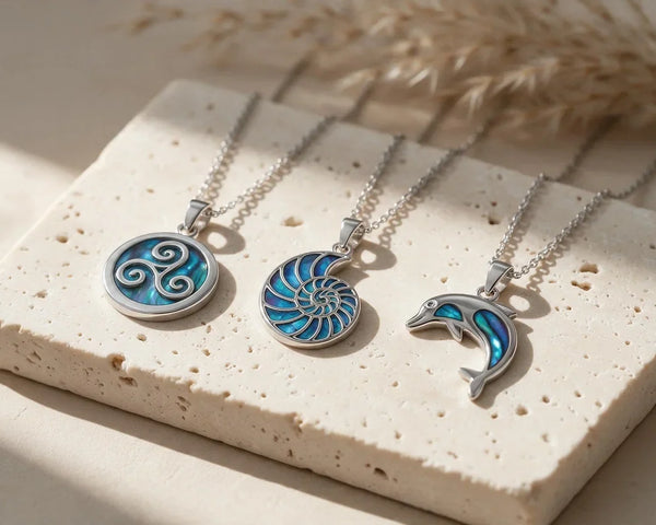 Pendentif en nacre bleue d'ormeau aux reflets irisés, collier femme
