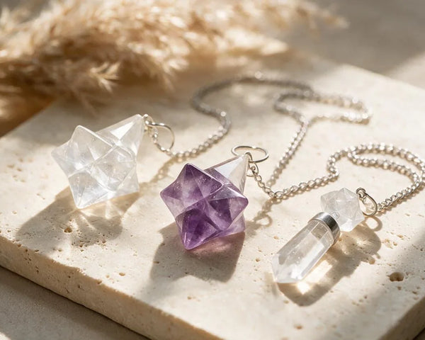Pendules Merkaba en pierre naturelle, tétraèdre étoilé en cristal de roche, améthyste et quartz rose