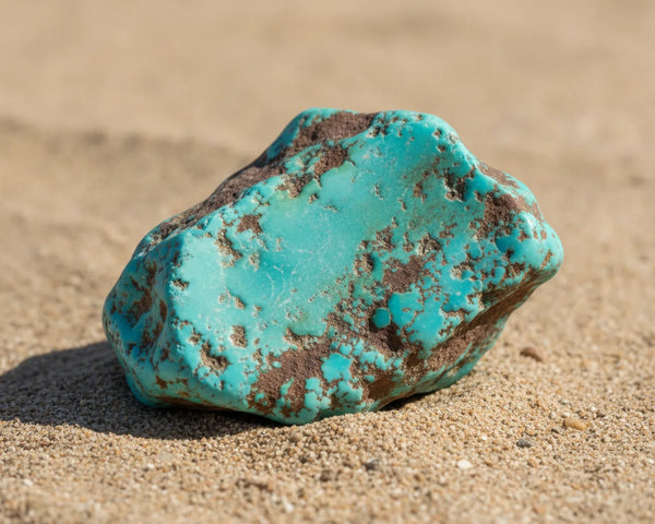 Une pierre de Turquoise brute, d'un bleu-vert intense avec sa matrice rocheuse, posée sur du sable du désert pour évoquer son origine.