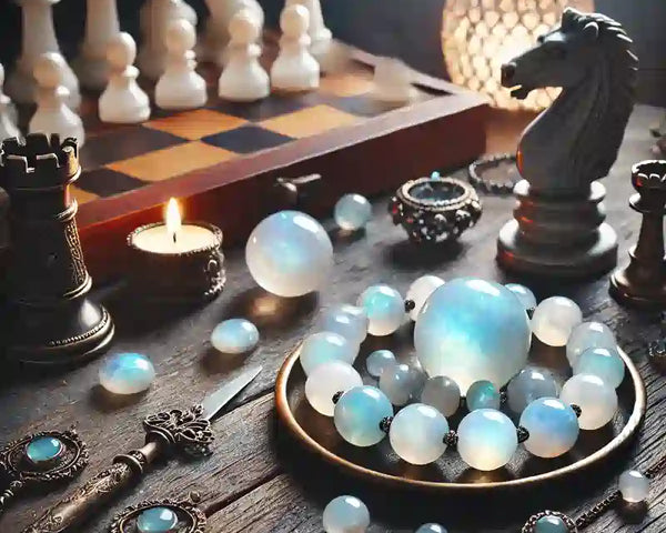 Une pierre de lune polie montrant son éclat laiteux et son adularescence bleue, symbolisant l'intuition et la féminité.