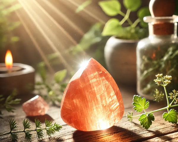 Une Pierre de Soleil polie, montrant son éclat orange et son effet d'aventurescence scintillant, symbolisant la joie et la vitalité.
