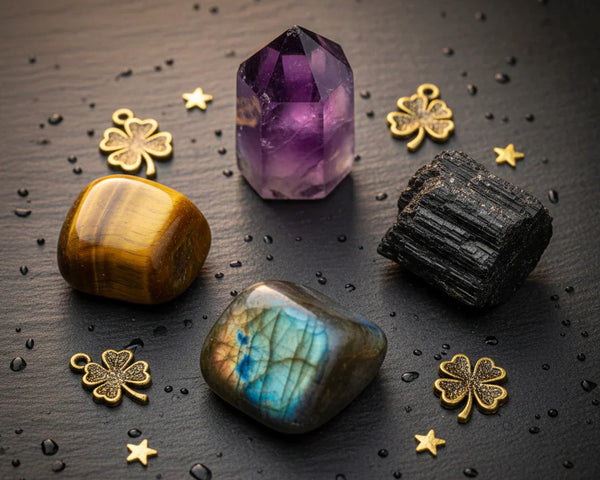 Pierres porte-bonheur du zodiaque, améthyste, tourmaline noire, labradorite et œil de tigre, lithothérapie astrologique La Pierre FR