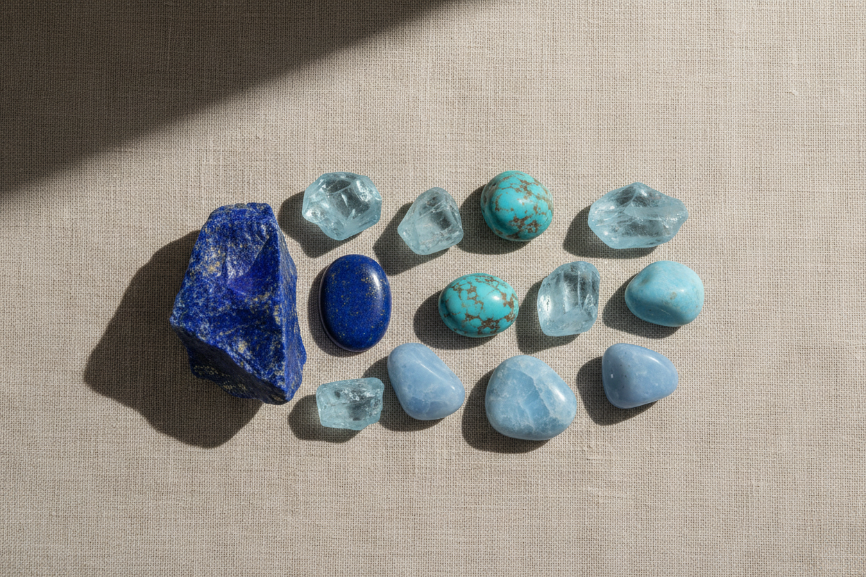 Sélection de pierres naturelles bleues pour le chakra de la gorge – lapis-lazuli, aigue-marine, turquoise et calcédoine