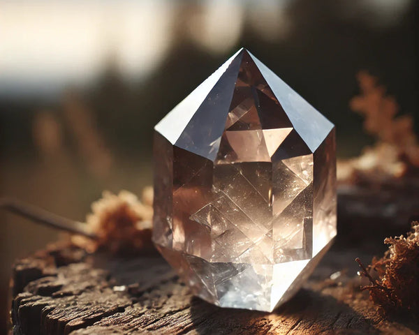 Un cristal de Quartz Fumé brut aux teintes brunes translucides, posé sur une roche, symbolisant sa puissante connexion à la Terre et son énergie d'ancrage.