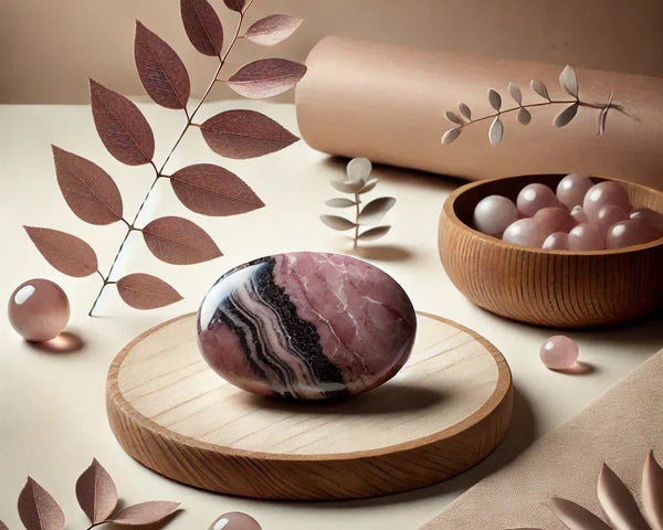 Un ensemble de pierres de Rhodonite brutes et polies, montrant leur couleur rose vif contrastant avec des veines noires, symbole de guérison du cœur.