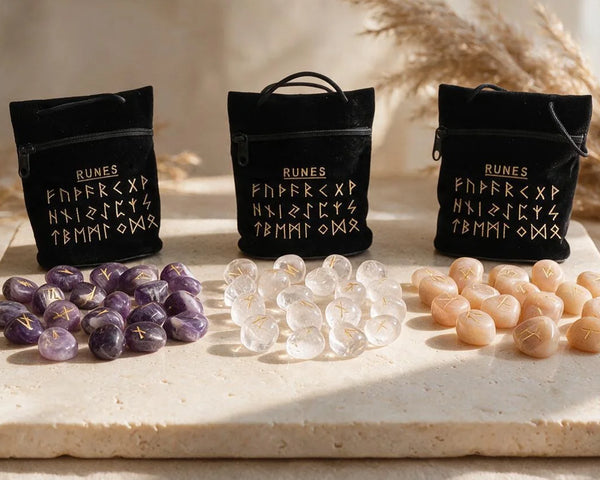 Runes divinatoires en pierre naturelle gravées de l'alphabet runique, jeux en améthyste, quartz rose et cristal de roche