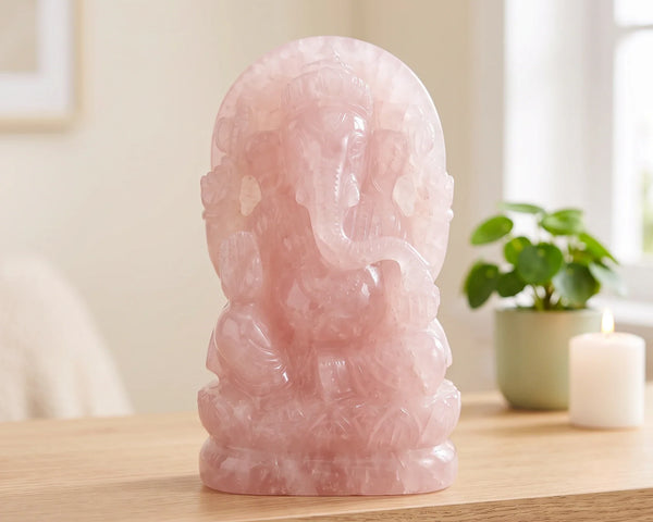 Statue de Ganesh en quartz rose naturel, dieu à tête d'éléphant