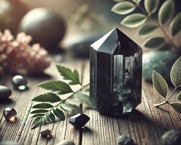 Un cristal de Tourmaline Noire brut, avec ses stries verticales caractéristiques, posé sur une roche, symbolisant sa puissante énergie de protection et d'ancrage.