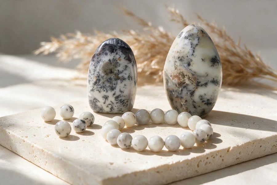 Pierre agate dendritique naturelle, sur travertin